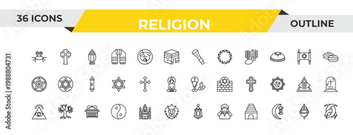 outline religion icons set - shehnai, catholicism, ark of the convenant. editable vector for web and mobile ui