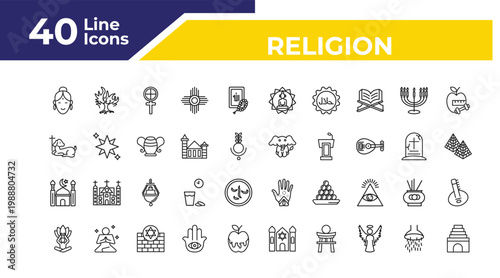 outline religion icons set - lamb of god, mosque, spiritual. editable vector for web and mobile ui