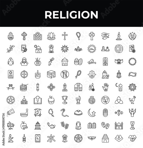 outline religion icons set - olive branch, pastafarianism, muslim man praying. editable vector for web and mobile ui