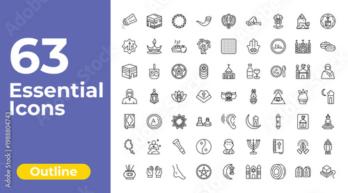 outline religion icons set - shofar, matzo, arabian lantern. editable vector for web and mobile ui