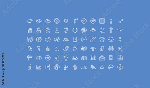 outline religion icons set - haram, crown of thorns, wat maha that. editable vector for web and mobile ui