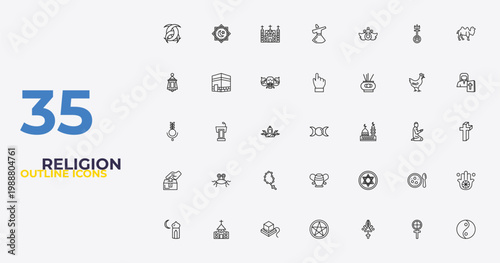 outline religion icons set - one god, blasphemy, yin yang. editable vector for web and mobile ui