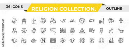 outline religion collection. icons set - ruku posture, ohr, heresy. editable vector for web and mobile ui