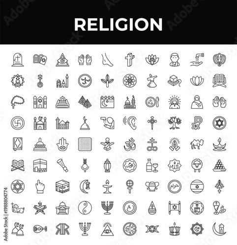 outline religion icons set - buddhism, mushaf, abrahamic. editable vector for web and mobile ui