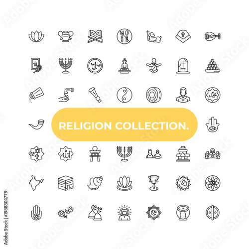 outline religion collection. icons set - religious salt, allah word, goblet. editable vector for web and mobile ui