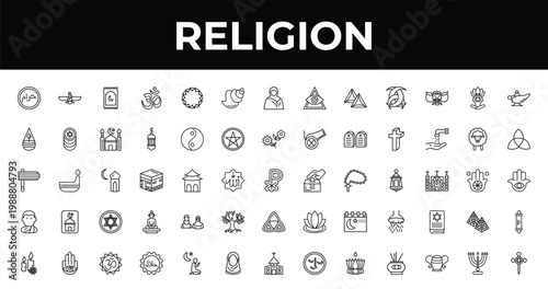 outline religion icons set - conch shell, paganism, islamic halal. editable vector for web and mobile ui