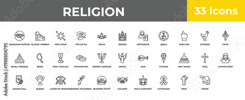 outline religion icons set - holy chalice, quran, islamic ghusl. editable vector for web and mobile ui