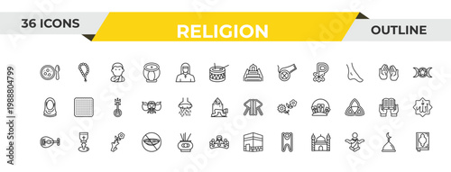 outline religion icons set - minbar, shower head and water, budding staff. editable vector for web and mobile ui