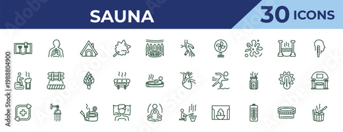 outline sauna icons set - arterioles, smoke sauna, regeneration. editable vector for web and mobile ui