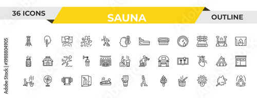 outline sauna icons set - tepidarium, turkish bath, sound stimulation. editable vector for web and mobile ui