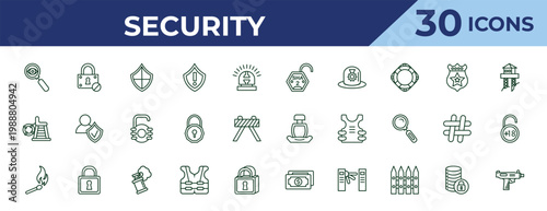 outline security icons set - sha 2, lifeguard chair, match fire. editable vector for web and mobile ui