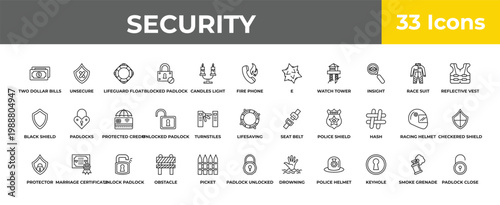 outline security icons set - protected credit card, marriage certificate, padlock close. editable vector for web and mobile ui