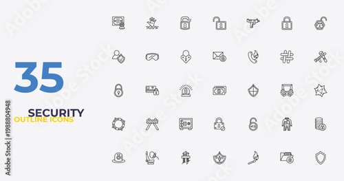 outline security icons set - secure envelope, underage, black shield. editable vector for web and mobile ui