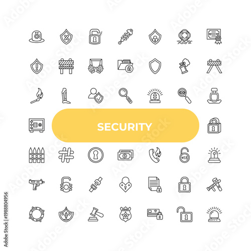 outline security icons set - match fire, hash, locked file. editable vector for web and mobile ui