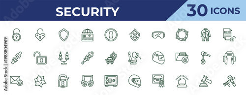 outline security icons set - unsecure, seat belt, secure envelope. editable vector for web and mobile ui