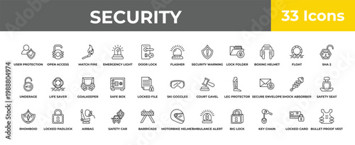 outline security icons set - goalkeeper, locked padlock, bullet proof vest. editable vector for web and mobile ui