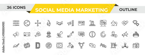 outline social media marketing icons set - postcard with stamp, stamps, letter color. editable vector for web and mobile ui