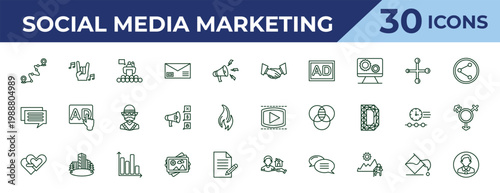 outline social media marketing icons set - partner, square bubble, quit a social like. editable vector for web and mobile ui