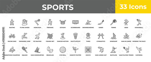 outline sports icons set - ice skating, squash, capoeira. editable vector for web and mobile ui