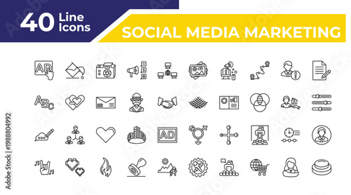 outline social media marketing icons set - letters, feedback, rocker. editable vector for web and mobile ui
