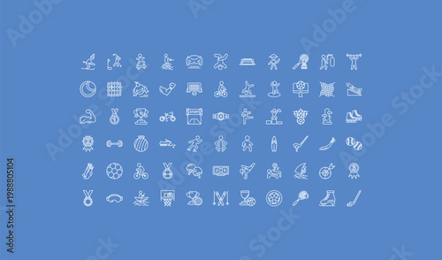 outline sport icons set - tennis court, man riding bike, sport goggles. editable vector for web and mobile ui