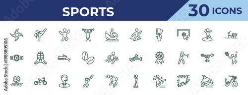 outline sports icons set - jumping ski, champion belt, waterpolo. editable vector for web and mobile ui