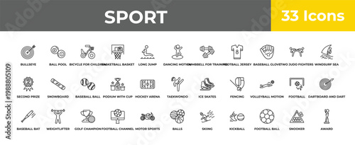 outline sport icons set - baseball ball, weightlifter, award. editable vector for web and mobile ui