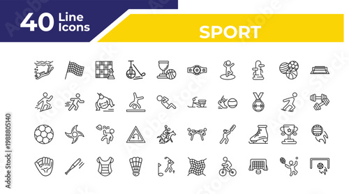 outline sport icons set - jumping ski, football ball, baseball glove. editable vector for web and mobile ui