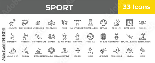 outline sport icons set - man doing pushups, rinkball, karate. editable vector for web and mobile ui