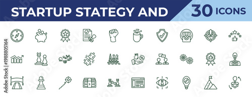 outline startup stategy and icons set - coffee break, profits, finish line. editable vector for web and mobile ui