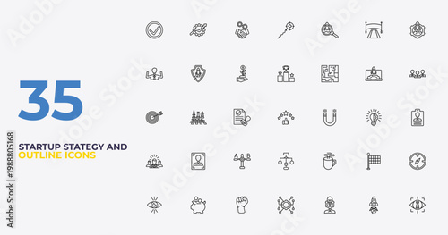 outline startup stategy and icons set - pedestal, coffee break, strategic vision. editable vector for web and mobile ui