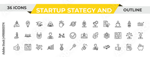 outline startup stategy and icons set - user experience, fight, gold ingots. editable vector for web and mobile ui
