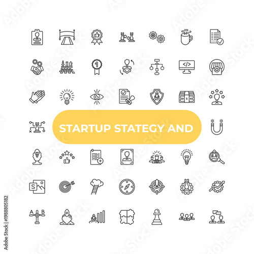 outline startup stategy and icons set - clap, rate, mission. editable vector for web and mobile ui
