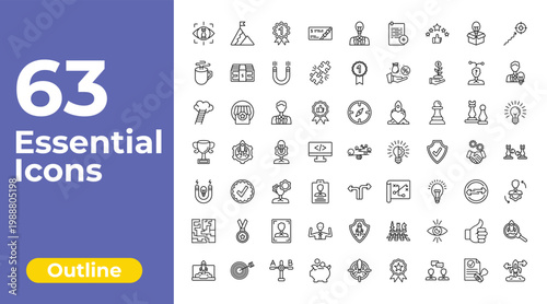 outline startup stategy and icons set - gift voucher, first, startup project search. editable vector for web and mobile ui