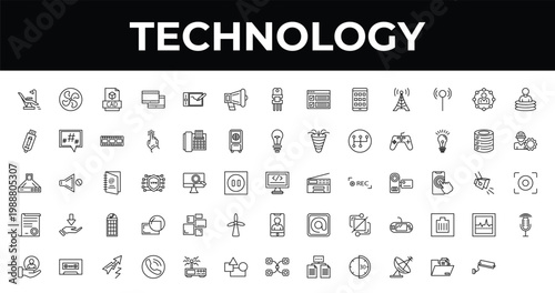 outline technology icons set - call to action, caching, lightning arrow. editable vector for web and mobile ui