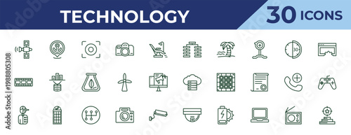 outline technology icons set - type hierarchy, horizontal film strip, humanoid robot. editable vector for web and mobile ui