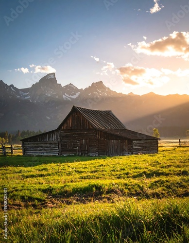 A sunlit, rustic barn sits in a field of green grass, with mountains in the background under a sky filled with golden light