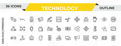 outline technology icons set - hairdressing tools, firewalls, bugs. editable vector for web and mobile ui