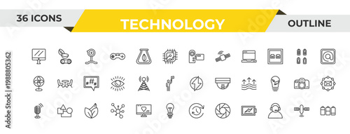 outline technology icons set - video camera front view, cell tower, organic. editable vector for web and mobile ui