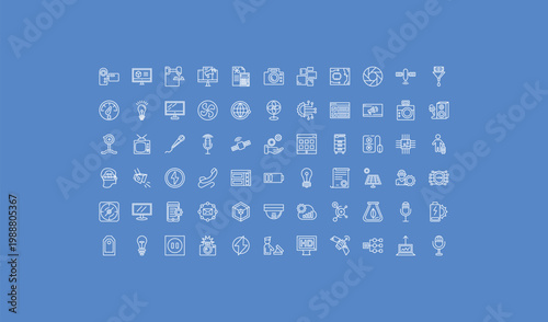 outline technology icons set - grid system, ventilator, old light bulb. editable vector for web and mobile ui