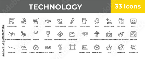 outline technology icons set - antenna, kerning, technology. editable vector for web and mobile ui