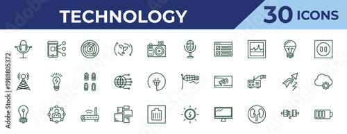 outline technology icons set - big old microphone, cell tower, light bulb turned off. editable vector for web and mobile ui