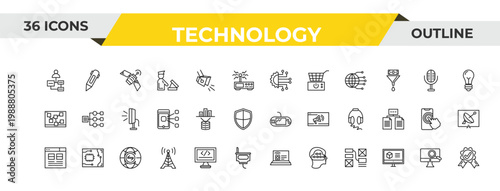 outline technology icons set - technology, data visualization, internet traffic. editable vector for web and mobile ui