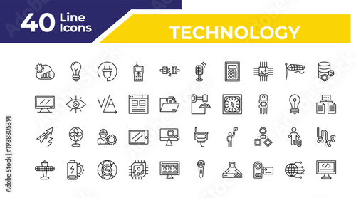 outline technology icons set - big tv, lightning arrow, solar plane. editable vector for web and mobile ui