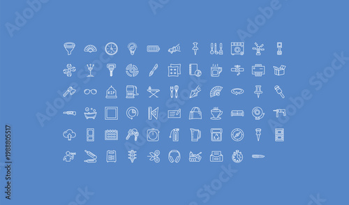 outline tools and utensils icons set - megaphone side view, writing tools, exercise with dumbbells. editable vector for web and mobile ui