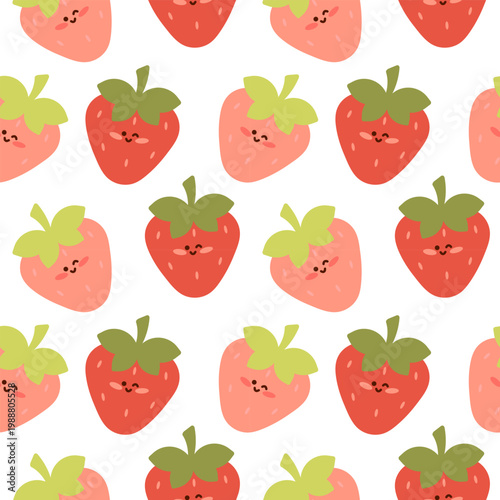 Seamless dense pattern with cute smiling kawaii strawberries in flat style on white background, pastel colors, simple vector design.