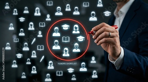 Hand selecting graduates from a diverse group of academic icons