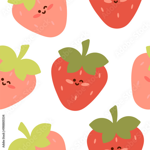 Seamless pattern with cute kawaii strawberries in flat style on white background, pastel colors, simple vector design