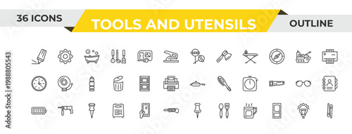 outline tools and utensils icons set - candies, film strip photograms, attached. editable vector for web and mobile ui