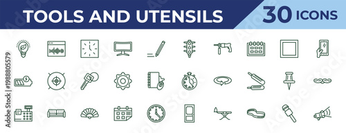 outline tools and utensils icons set - semaphore lights, battery charging, printing calculator. editable vector for web and mobile ui